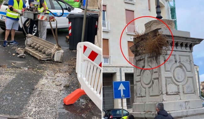 Grosso cornicione si stacca da un pilastro del ponte Umbertino