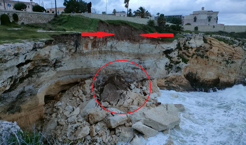 Crolla una parte del costone sottostante il Monumento ai Caduti: area interdetta