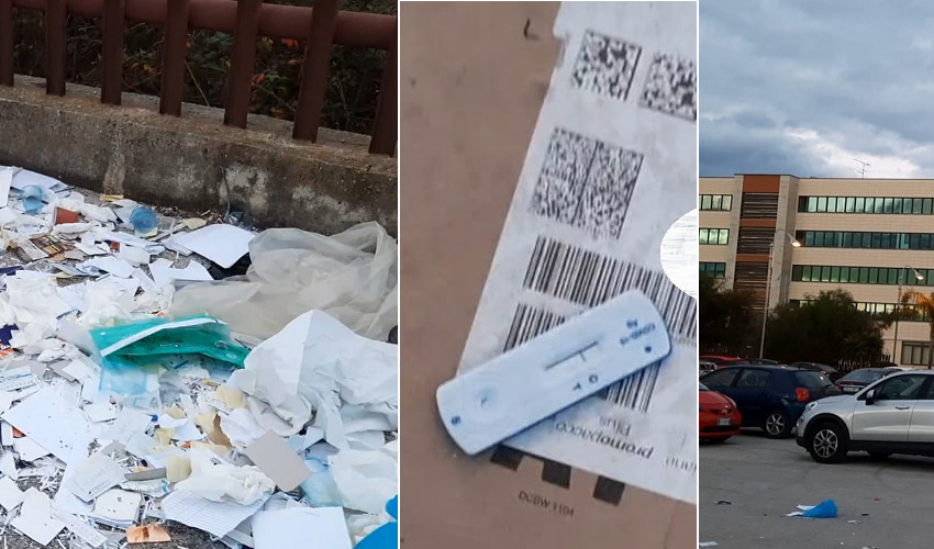 Kit di tamponi covid usati e documenti su prestazioni sanitarie abbandonati dietro il Centro Direzionale di Siracusa