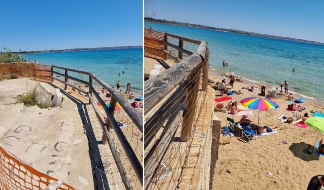 Sempre più a rischio crollo il muro sovrastante l'ex Lido della Polizia e la spiaggia torna ad affollarsi di bagnanti