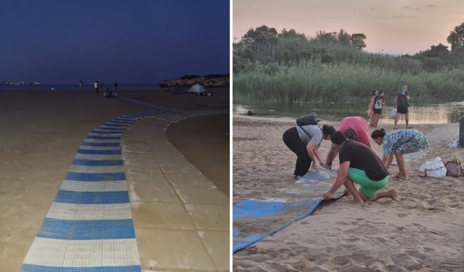 Volontari ripristinano la passerella per disabili nella spiaggia libera dell'Arenella