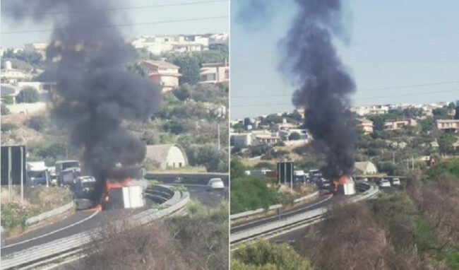 Autocarro capottato e in fiamme in autostrada: traffico in tilt in direzione Sud