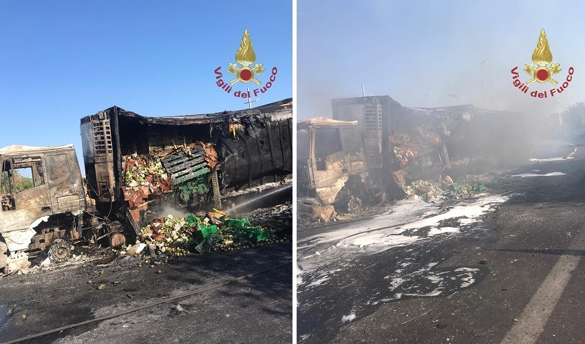 Camion a fuoco in autostrada vicino allo svincolo di Noto: illeso il conducente