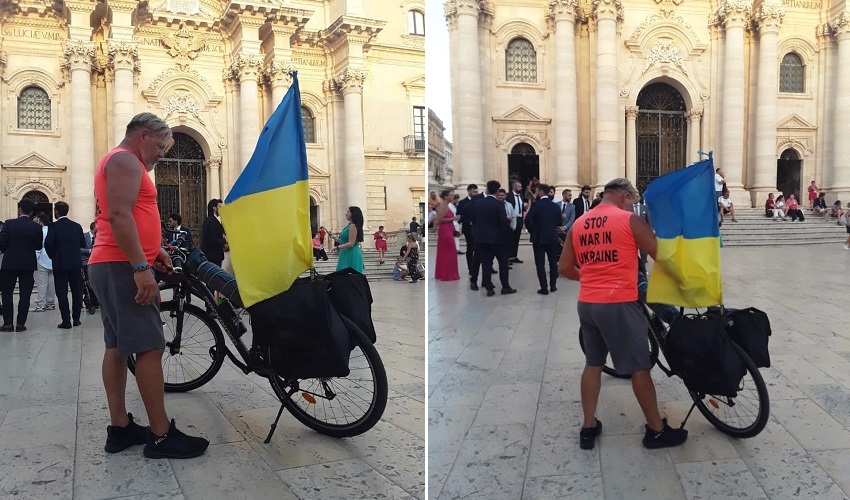 Attraversa l'Italia in bici per la pace in Ucraina, Mykola è arrivato a Siracusa