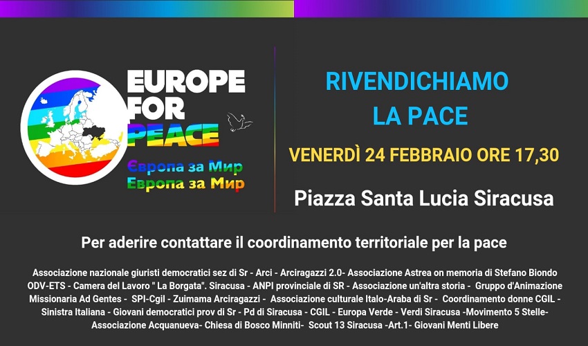 Presidio per la pace venerdì 24 febbraio in piazza Santa Lucia