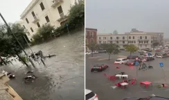 L'area di piazza Euripide sott'acqua dopo circa un'ora di pioggia battente piazza euripide
