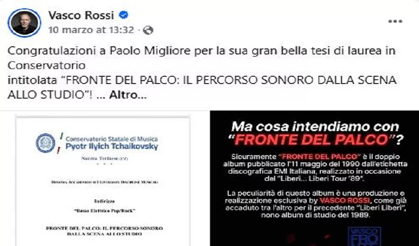 Tesi di laurea dell’avolese Paolo Migliore su “Fronte del palco”: l’apprezzamento sui social di Vasco Rossi