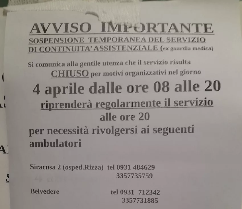 Sospensione per il 4 aprile del servizio della Guardia medica dell'Umberto I